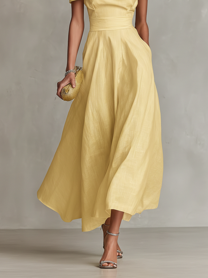 Soleil Yellow Linen One-Shoulder Fitted Waist Maxi Dress | Women&