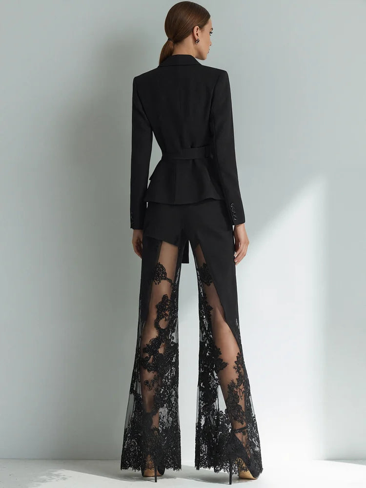 Miesuit Heavy Duty Lace-Trimmed Wide-Leg Blazer Pants 2-Piece Suit