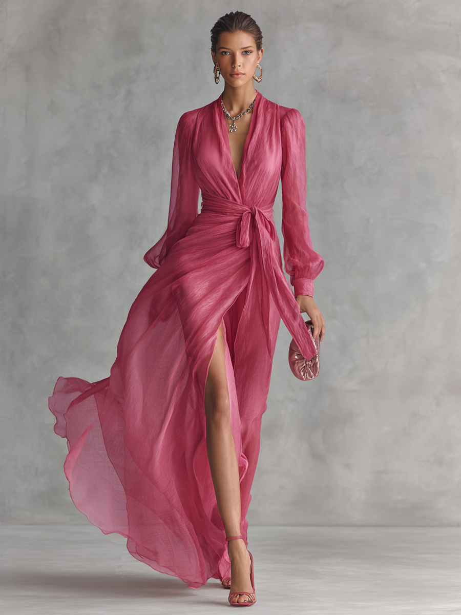 Rose Pearl Chiffon V-Neck Tie-Waist Maxi Dress | Women&
