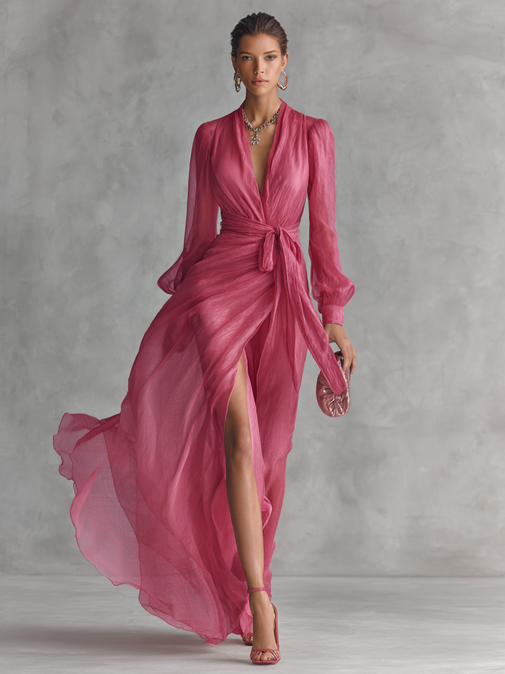 Rose Pearl Chiffon V-Neck Tie-Waist Maxi Dress | Women&