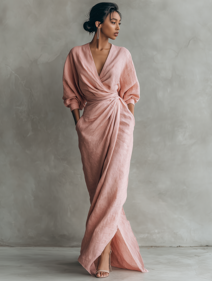 Priya V-Neck Linen Blend Relaxed Maxi Dress | Women&