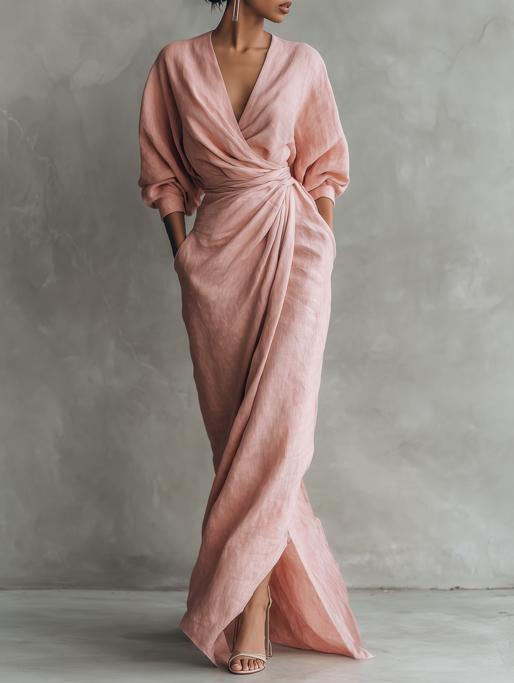 Priya V-Neck Linen Blend Relaxed Maxi Dress | Women&