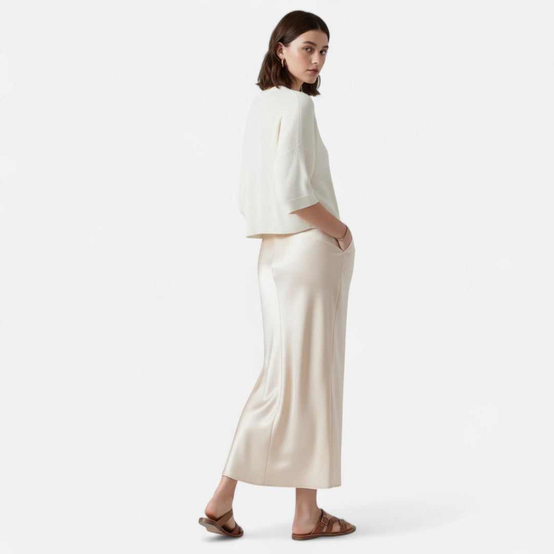 Navacava silk skirt fabric detail — soft sheen, quiet luxury texture