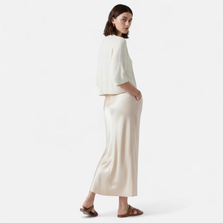Navacava silk skirt fabric detail — soft sheen, quiet luxury texture