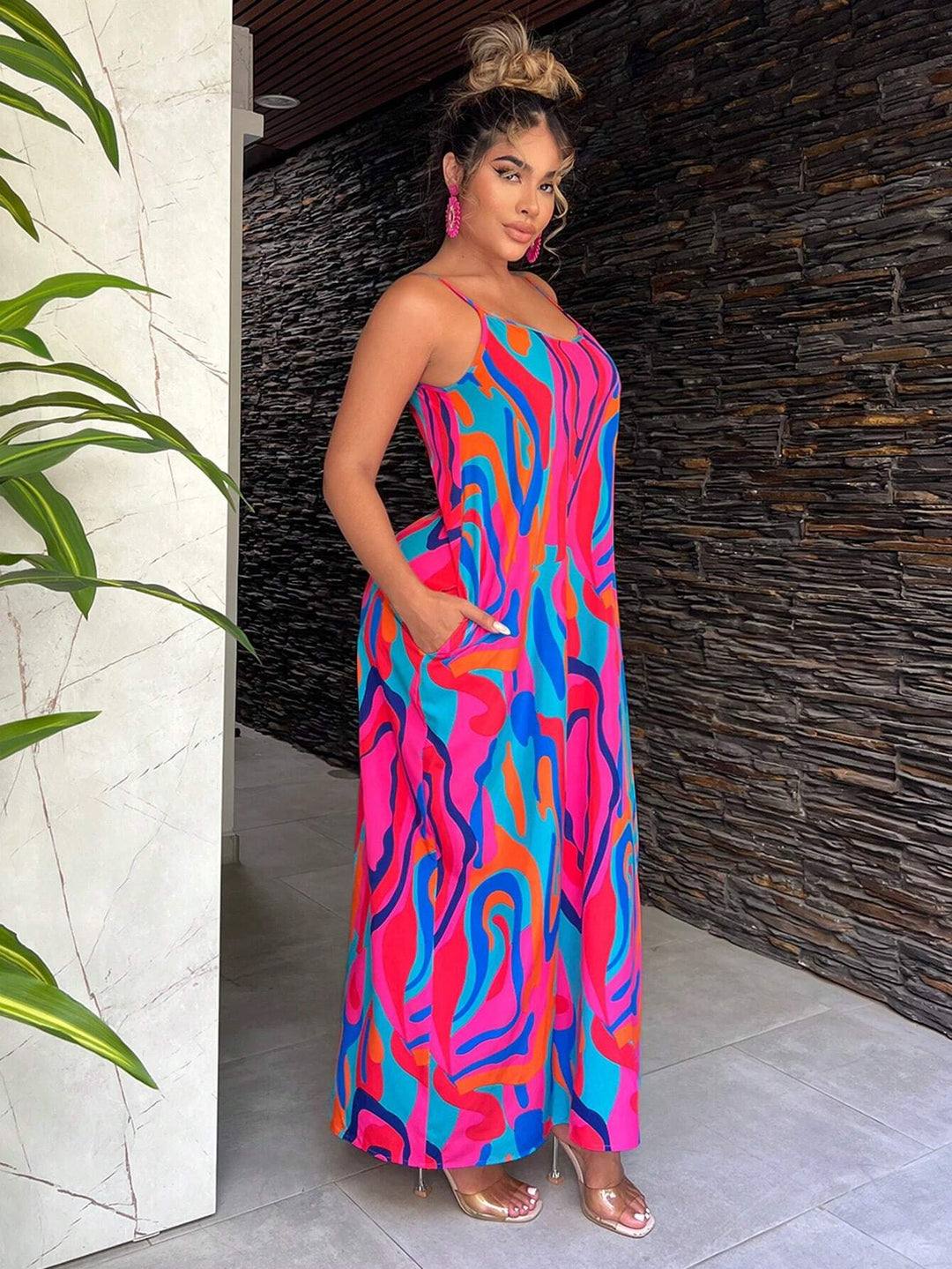 SHEIN SXY Abstract Printed Spaghetti Strap Beach Dress