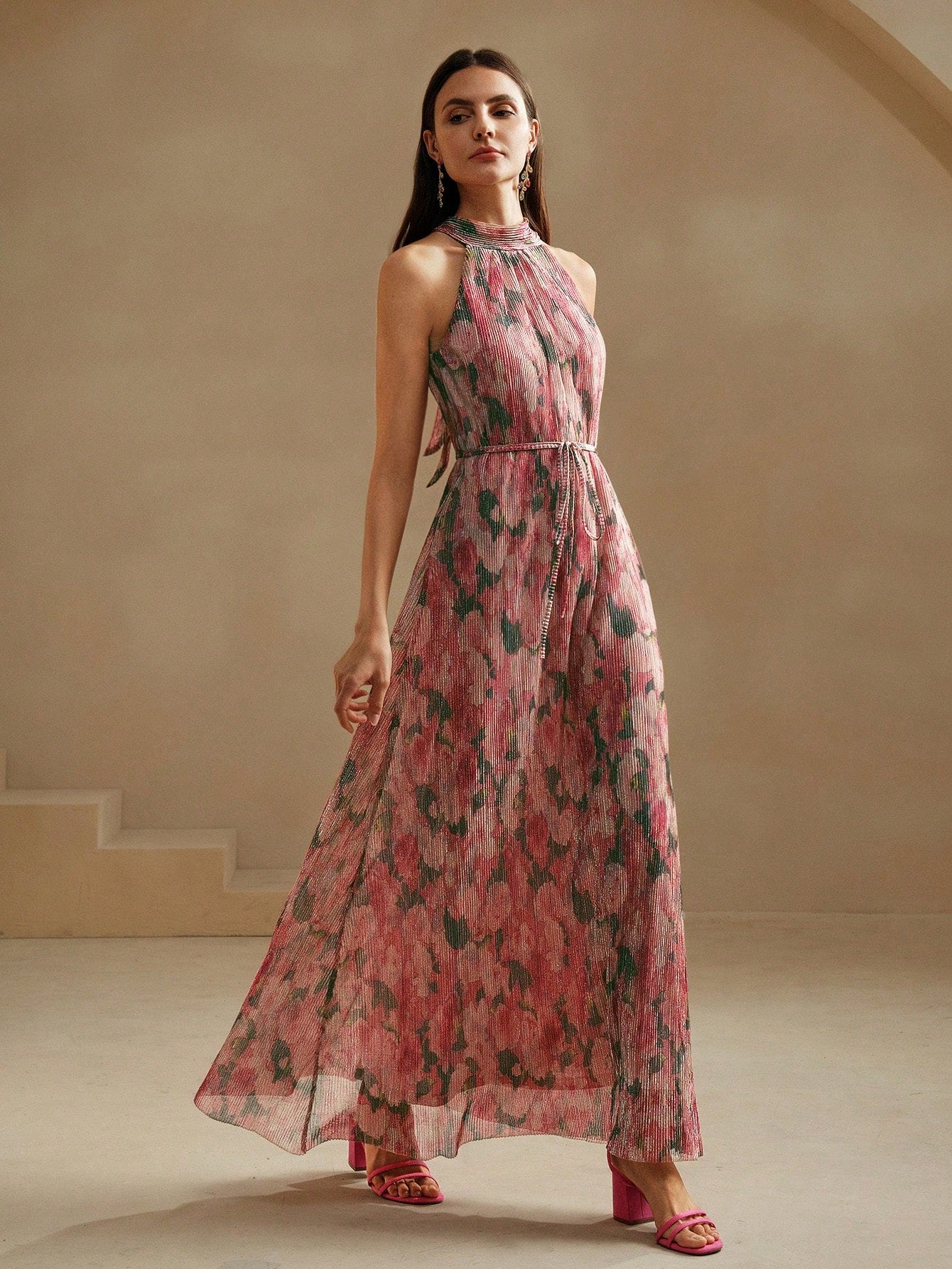 SHEIN X GALILEA Anewsta Floral Print Pleated Maxi Dress Pink