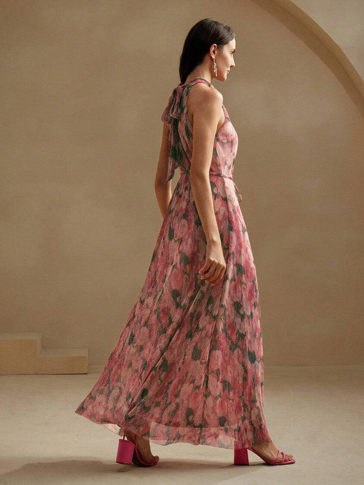 SHEIN X GALILEA Anewsta Floral Print Pleated Maxi Dress Pink