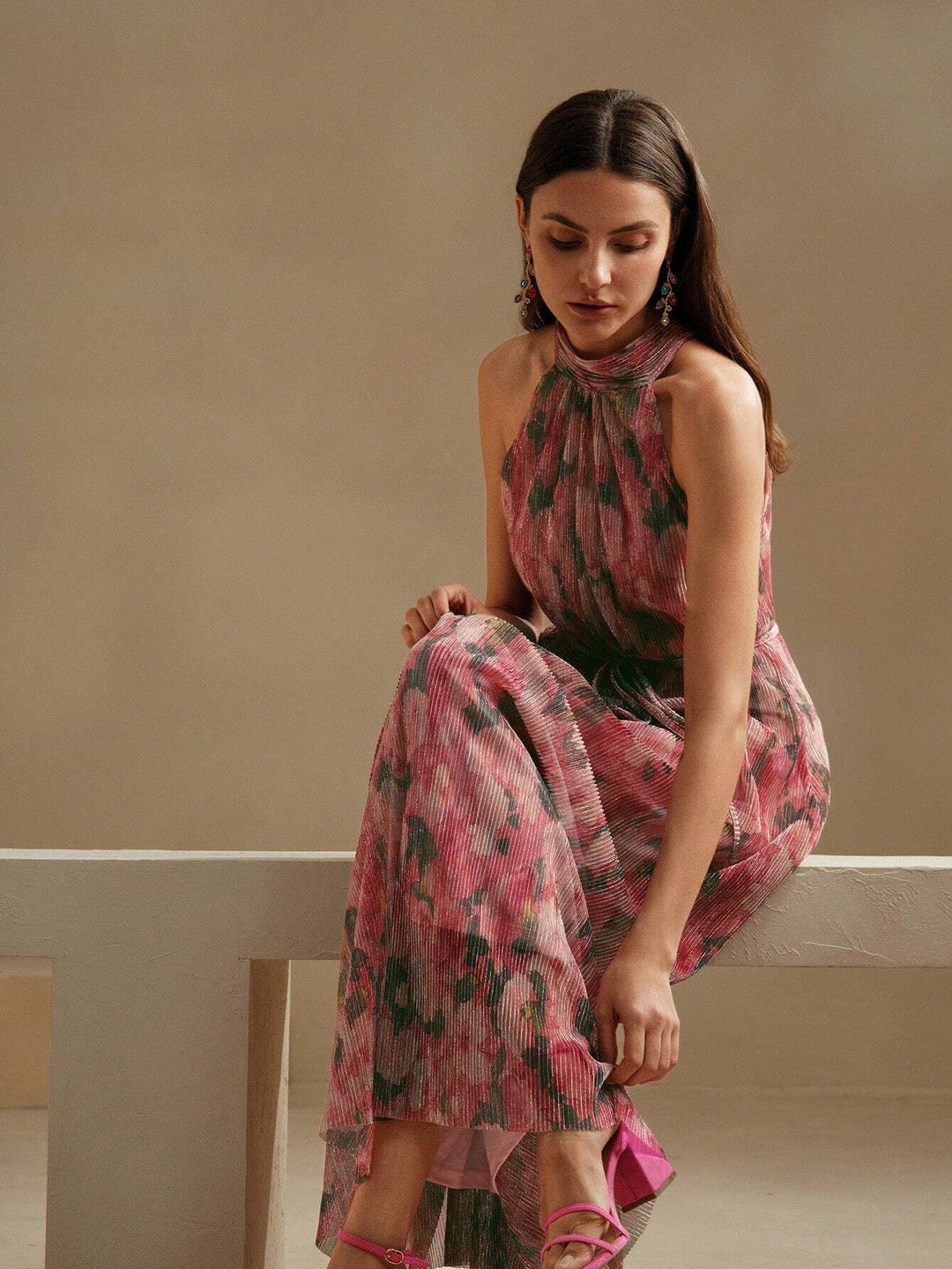 SHEIN X GALILEA Anewsta Floral Print Pleated Maxi Dress Pink