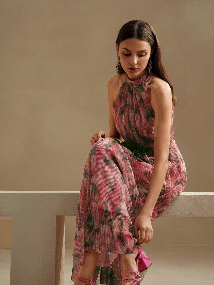 SHEIN X GALILEA Anewsta Floral Print Pleated Maxi Dress Pink