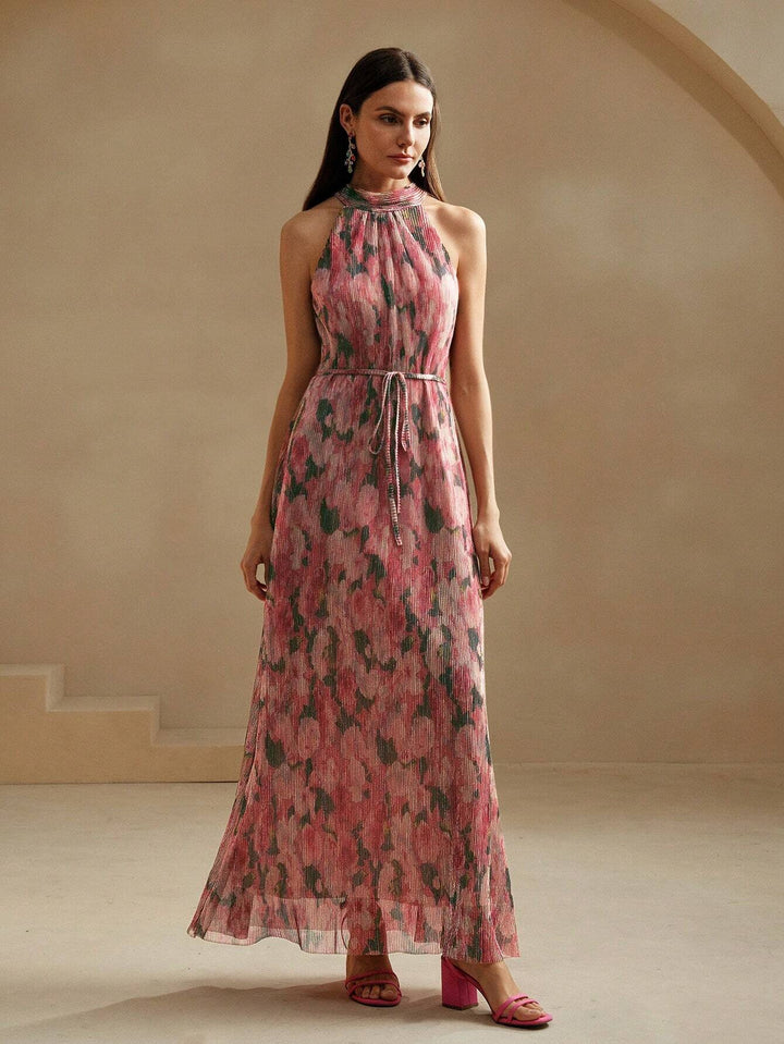 SHEIN X GALILEA Anewsta Floral Print Pleated Maxi Dress Pink