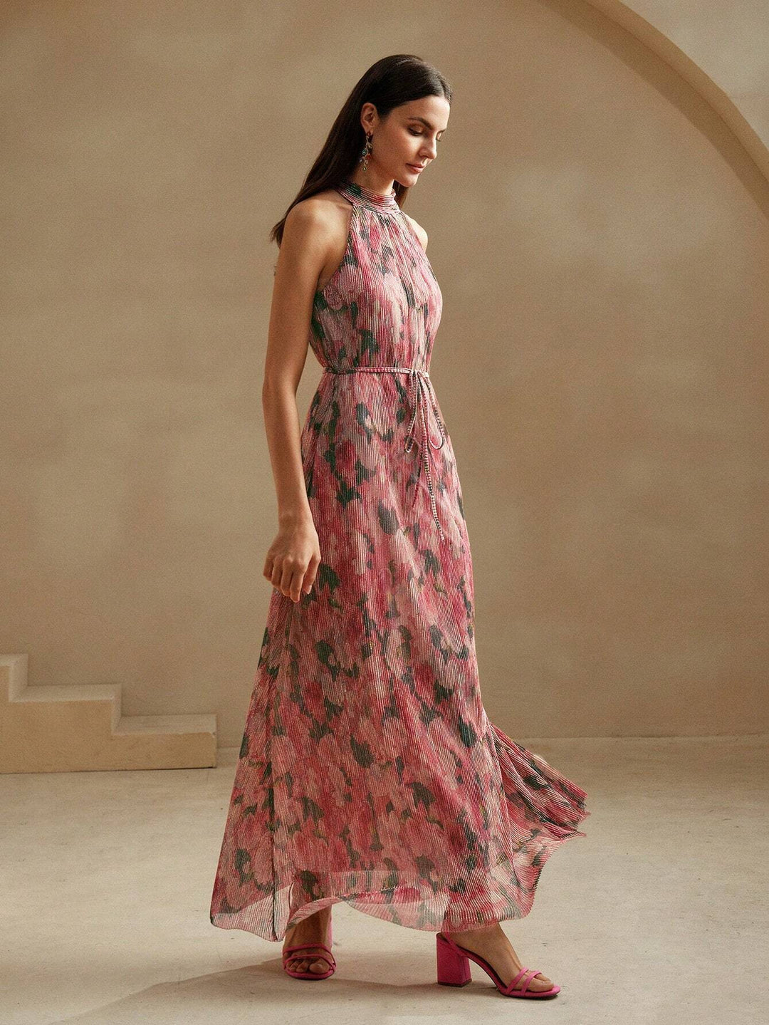 SHEIN X GALILEA Anewsta Floral Print Pleated Maxi Dress Pink