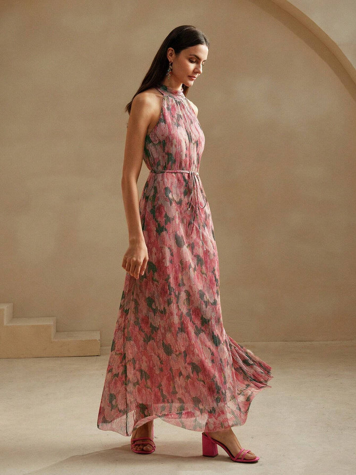 SHEIN X GALILEA Anewsta Floral Print Pleated Maxi Dress Pink