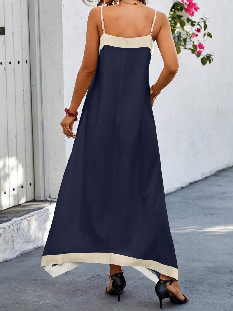 Breezaya Solid Color Panel Cami Strap Casual Long Dress Navy Blue