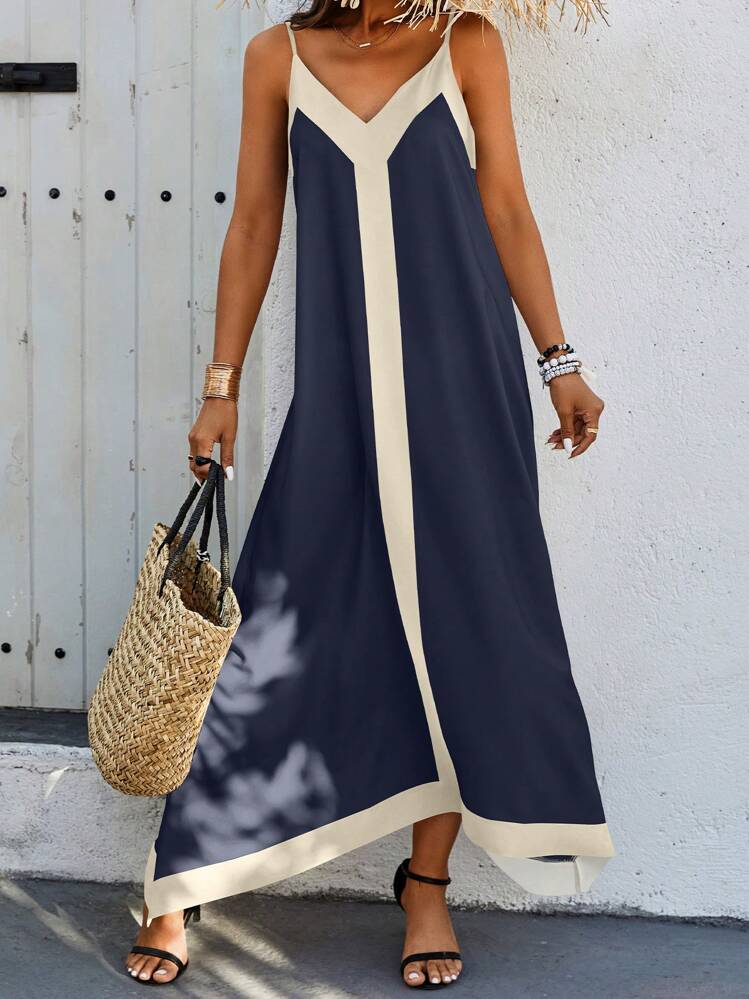 Breezaya Solid Color Panel Cami Strap Casual Long Dress Navy Blue