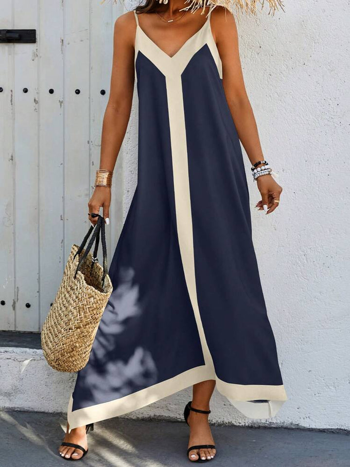 Breezaya Solid Color Panel Cami Strap Casual Long Dress Navy Blue