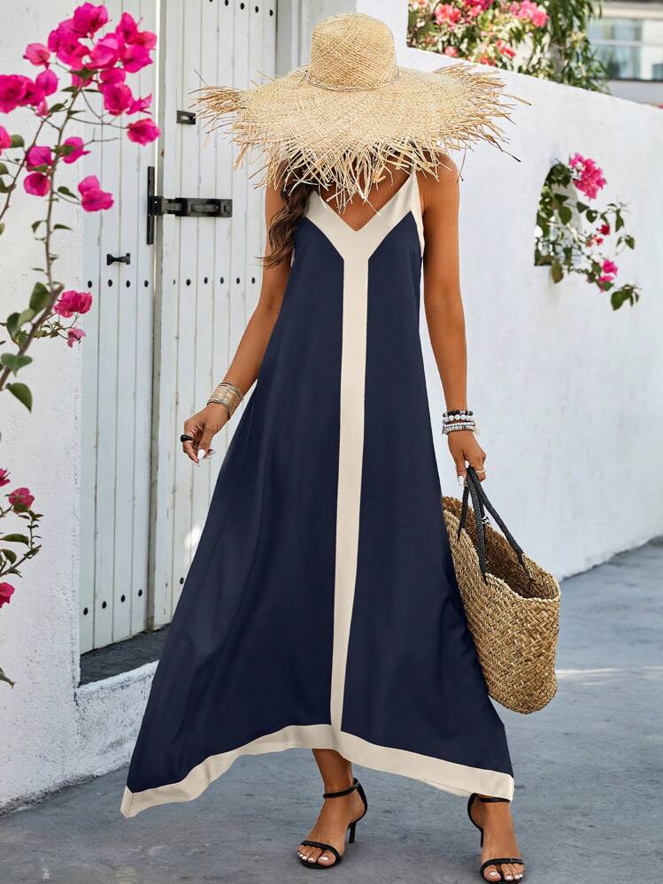 Breezaya Solid Color Panel Cami Strap Casual Long Dress Navy Blue