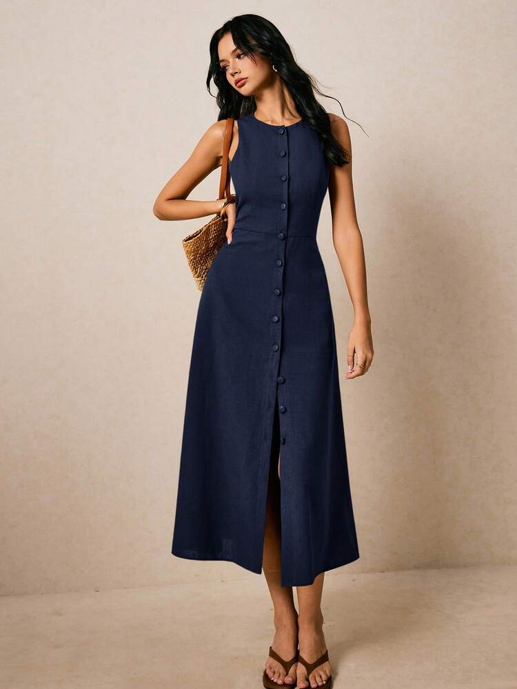 Poéselle Casual Elegant Sleeveless Front Button Dress Navy Blue