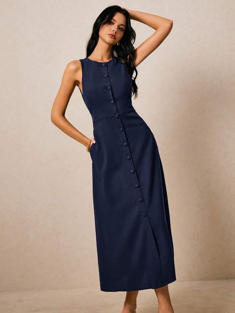 Poéselle Casual Elegant Sleeveless Front Button Dress Navy Blue