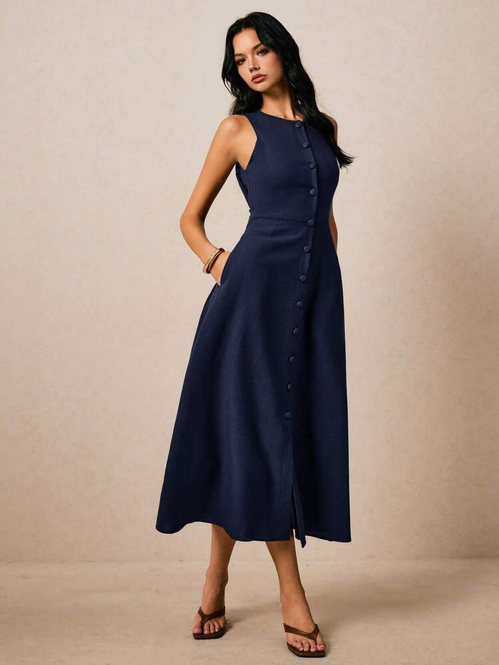 Poéselle Casual Elegant Sleeveless Front Button Dress Navy Blue