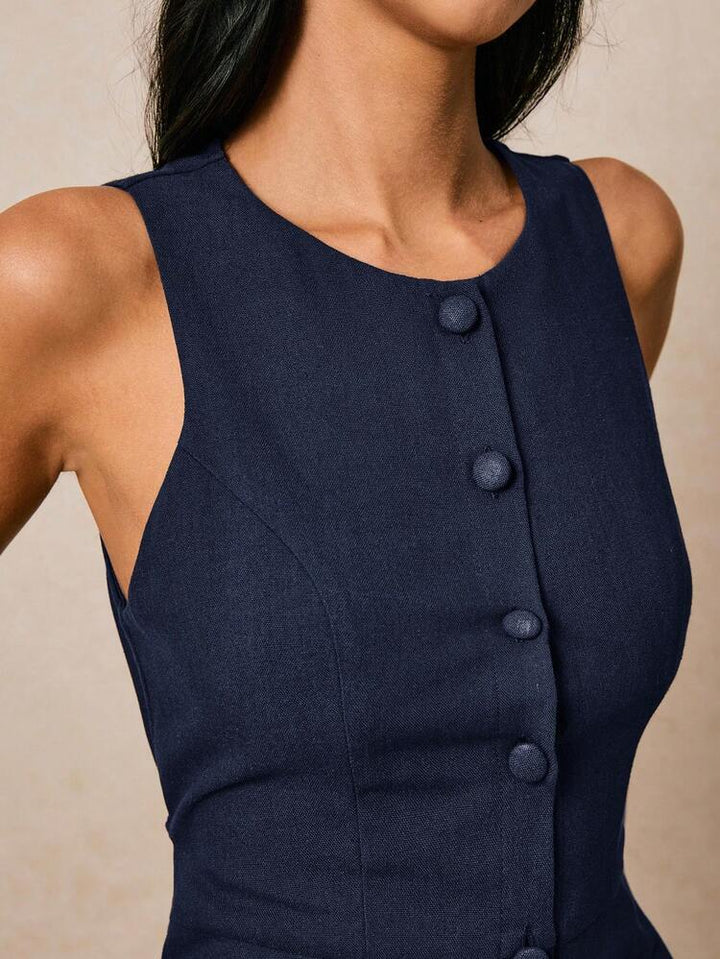 Poéselle Casual Elegant Sleeveless Front Button Dress Navy Blue