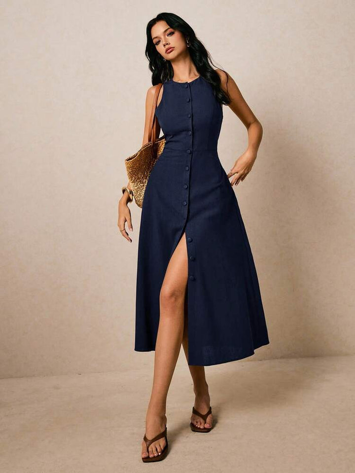 Poéselle Casual Elegant Sleeveless Front Button Dress Navy Blue
