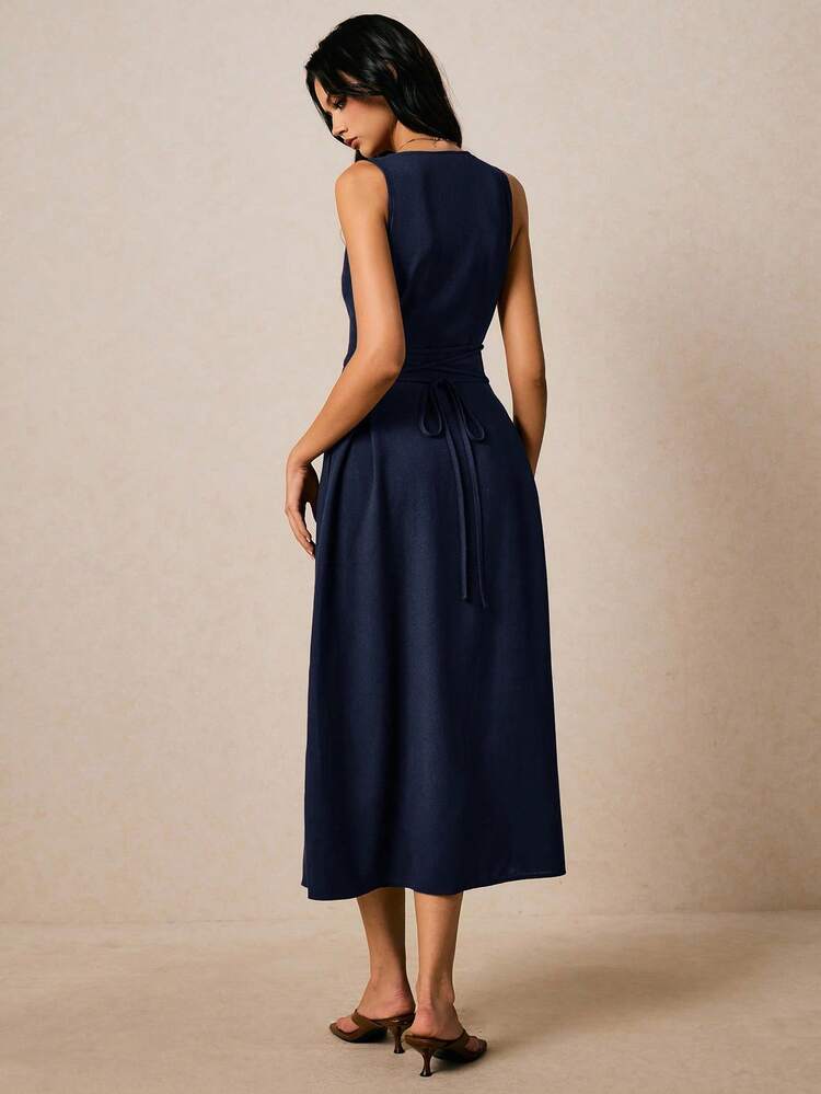 Poéselle Casual Elegant Sleeveless Front Button Dress Navy Blue