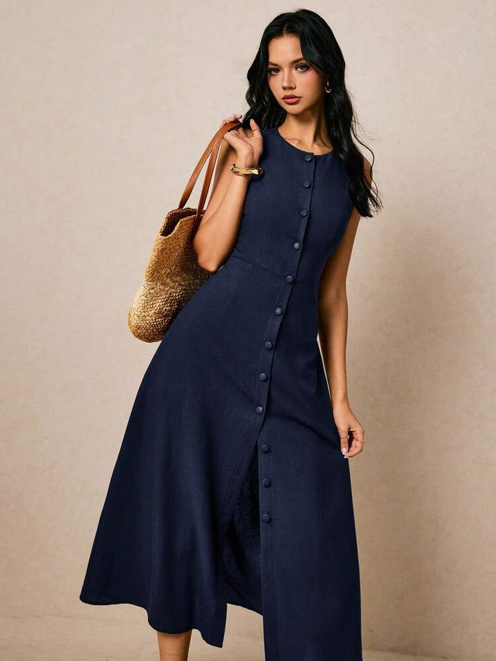 Poéselle Casual Elegant Sleeveless Front Button Dress Navy Blue