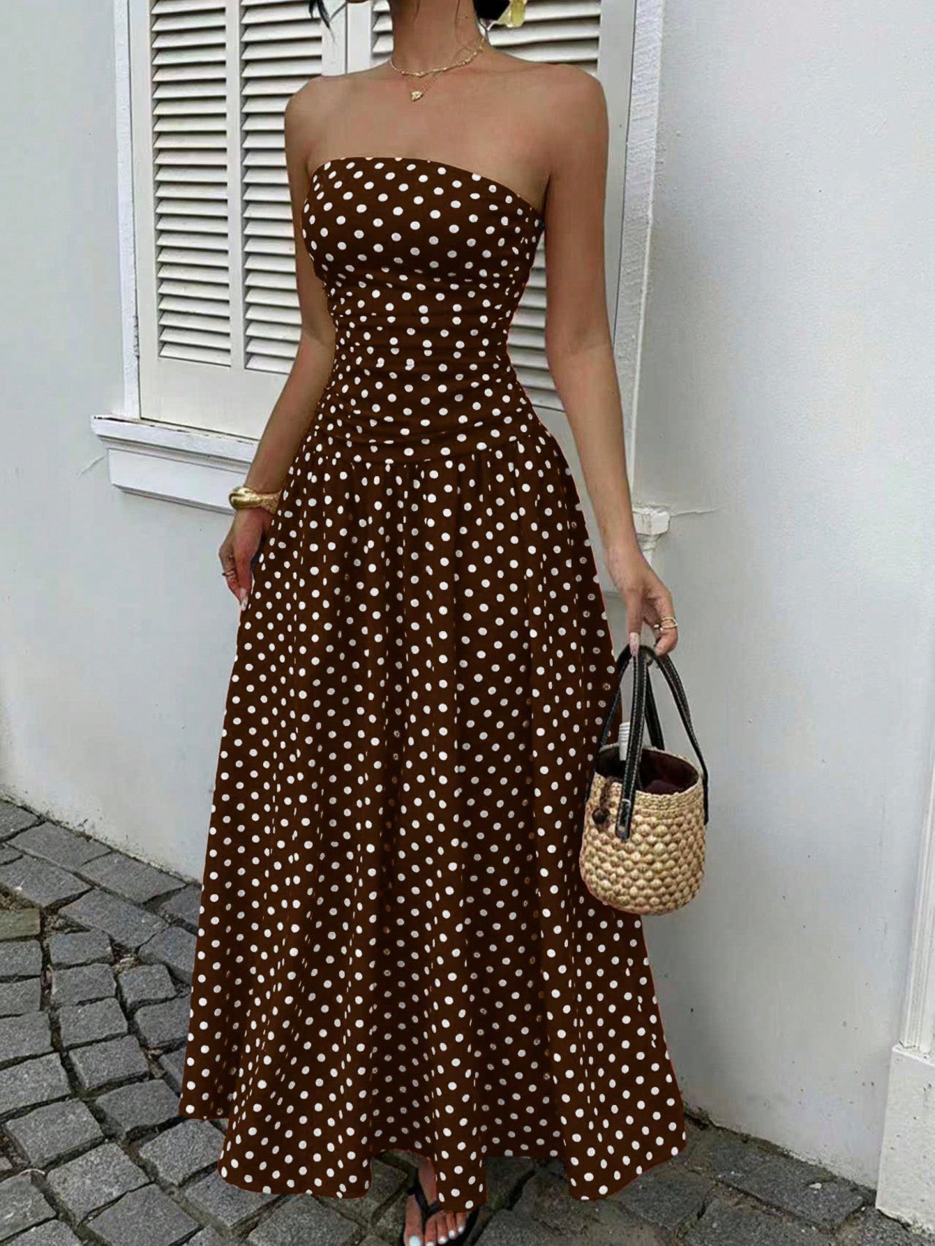 MainGRL Polka Dot Waist Cinched Bandeau Maxi Dress Brown