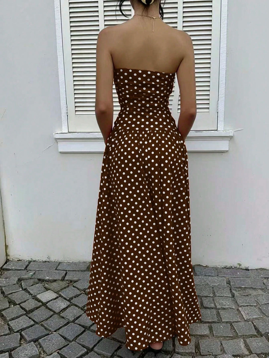 MainGRL Polka Dot Waist Cinched Bandeau Maxi Dress Brown