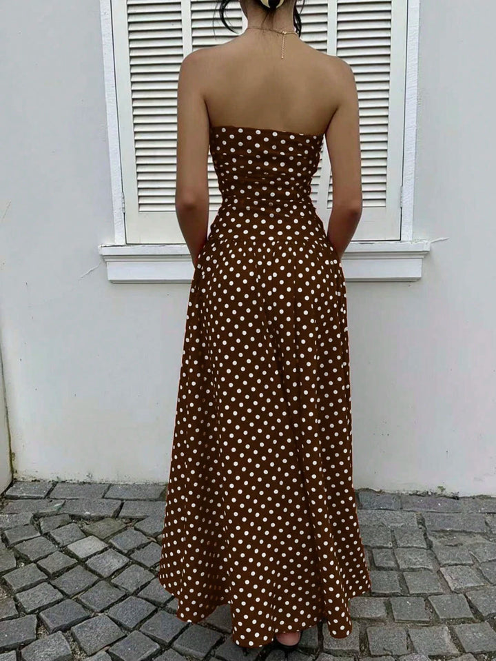 MainGRL Polka Dot Waist Cinched Bandeau Maxi Dress Brown