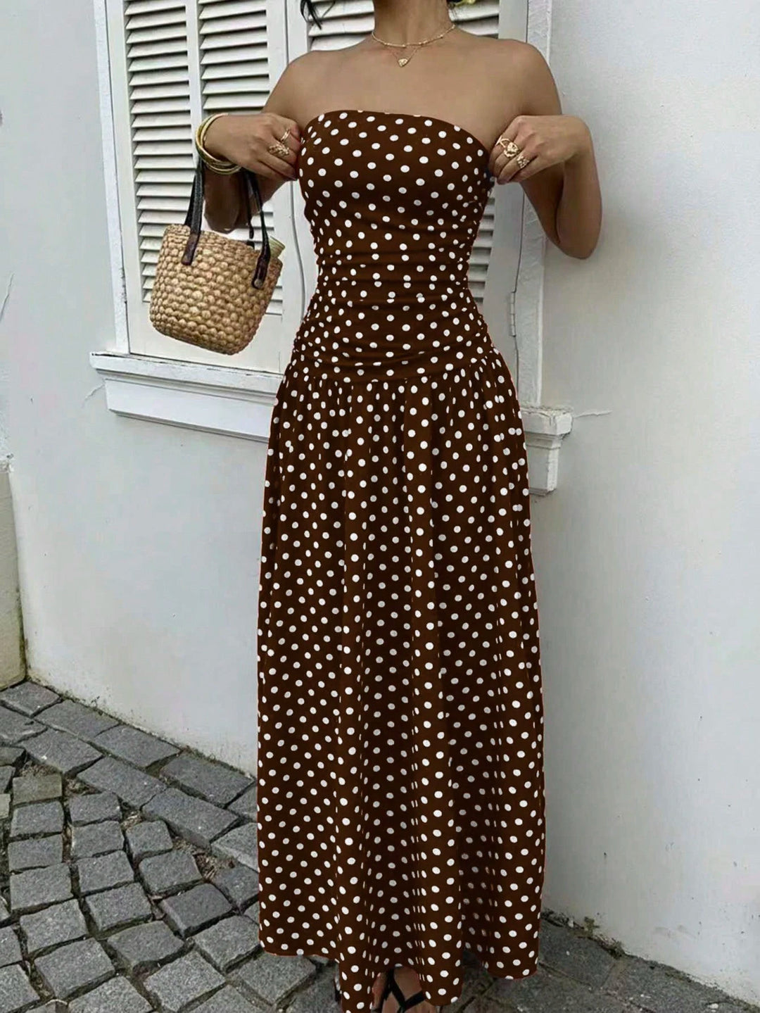 MainGRL Polka Dot Waist Cinched Bandeau Maxi Dress Brown