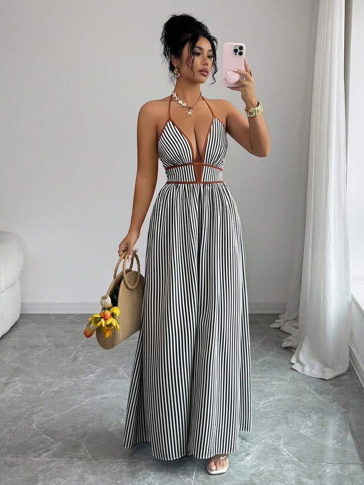 Elenzga Striped Contrast Trim Halter Backless Sleeveless Dress Black