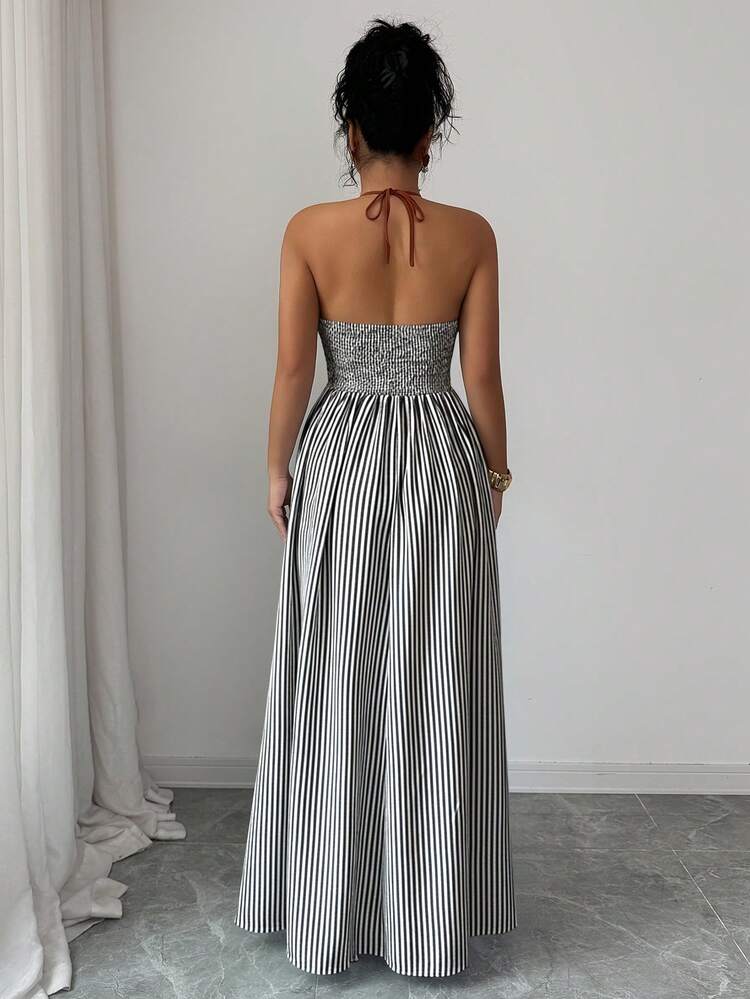 Elenzga Striped Contrast Trim Halter Backless Sleeveless Dress Black