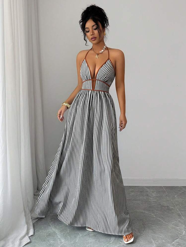Elenzga Striped Contrast Trim Halter Backless Sleeveless Dress Black
