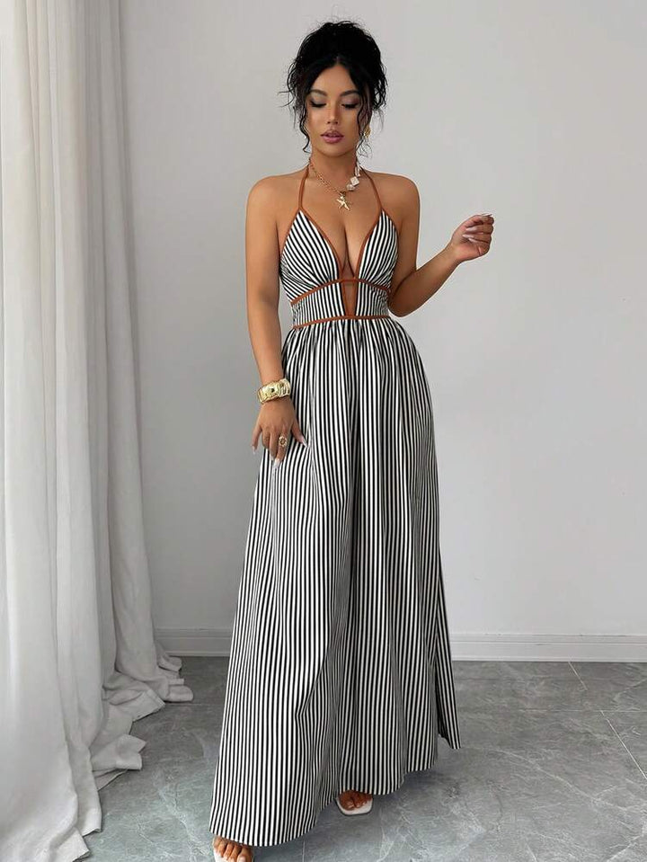 Elenzga Striped Contrast Trim Halter Backless Sleeveless Dress Black