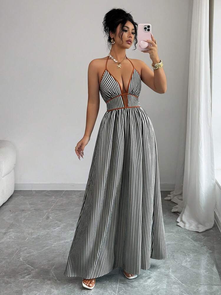 Elenzga Striped Contrast Trim Halter Backless Sleeveless Dress Black