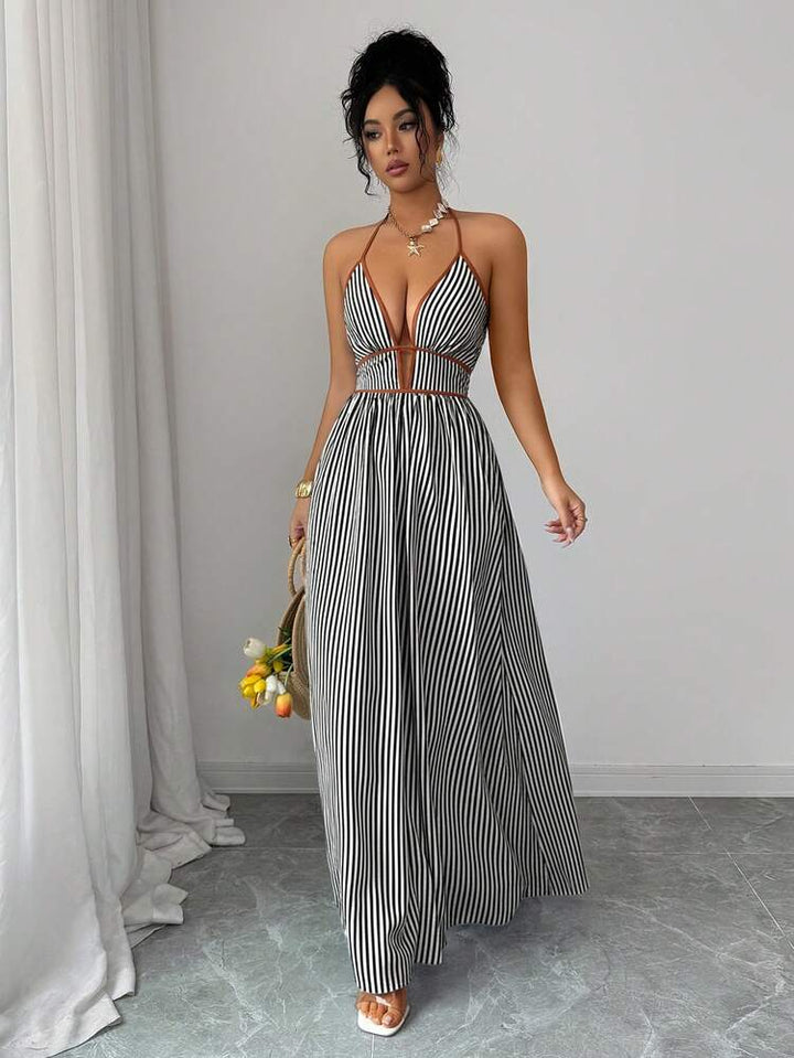 Elenzga Striped Contrast Trim Halter Backless Sleeveless Dress Black