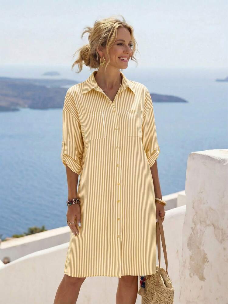 Striped Roll-Tab Sleeve Women&