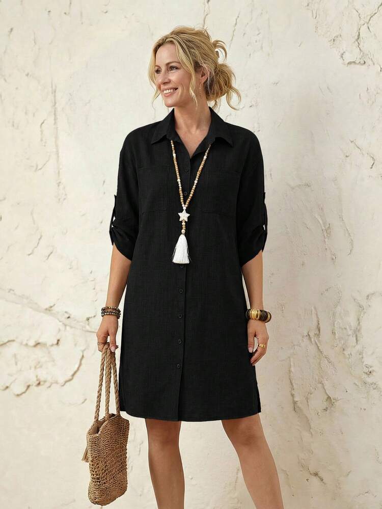 Striped Roll-Tab Sleeve Women&