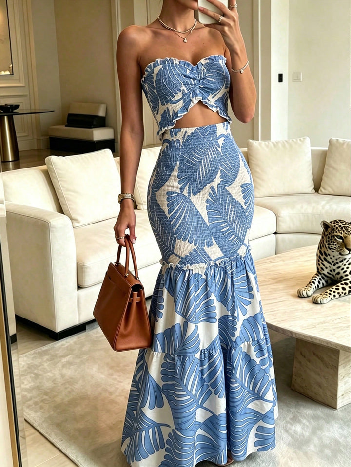 Strapless Floral Print Bodycon Maxi Dress with Ruffle Trim