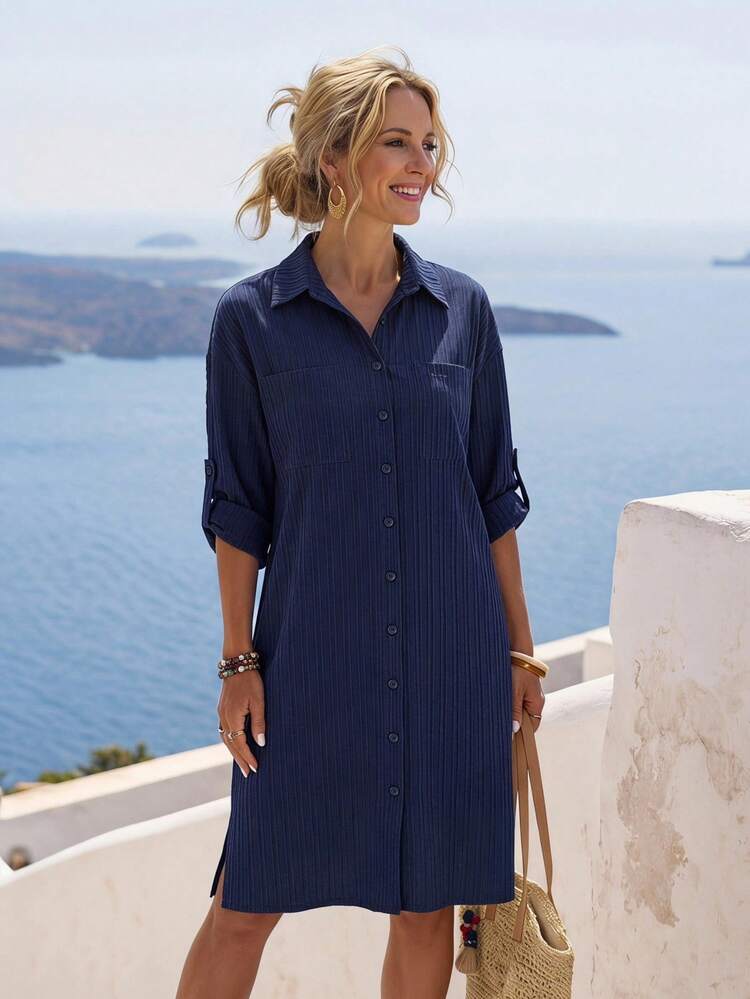 Striped Roll-Tab Sleeve Women&