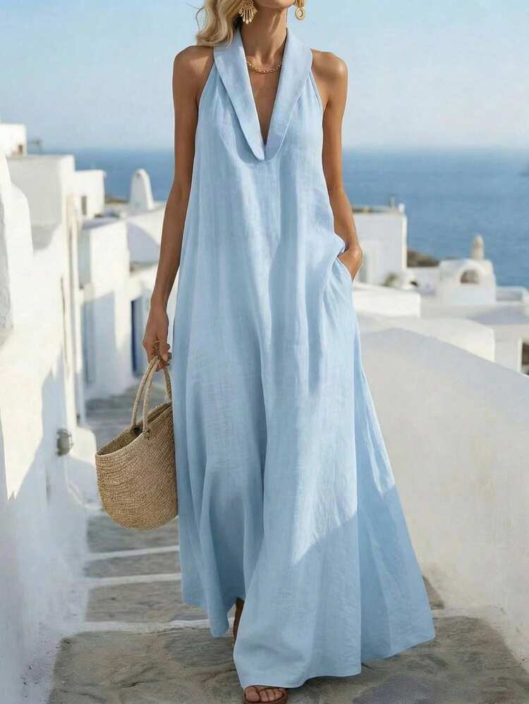 Balvessa Retro Relaxed A-Line Sleeveless Dress for Women Blue