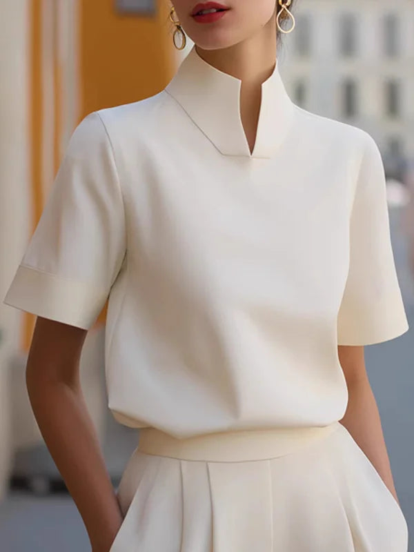 Miesuit Stand-collar Short-sleeved Top Split-hem Blended Fabric