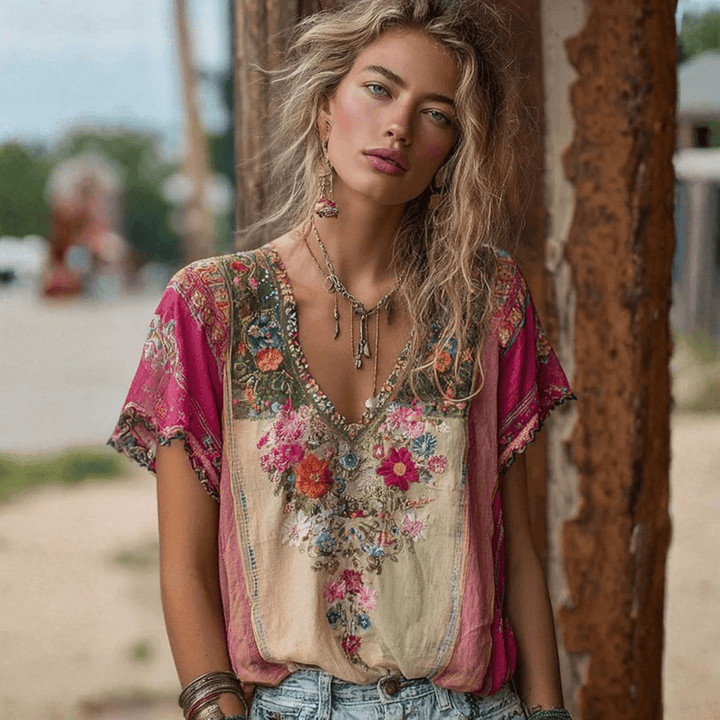 Boho Floral V-Neck Cotton Tee | Women&