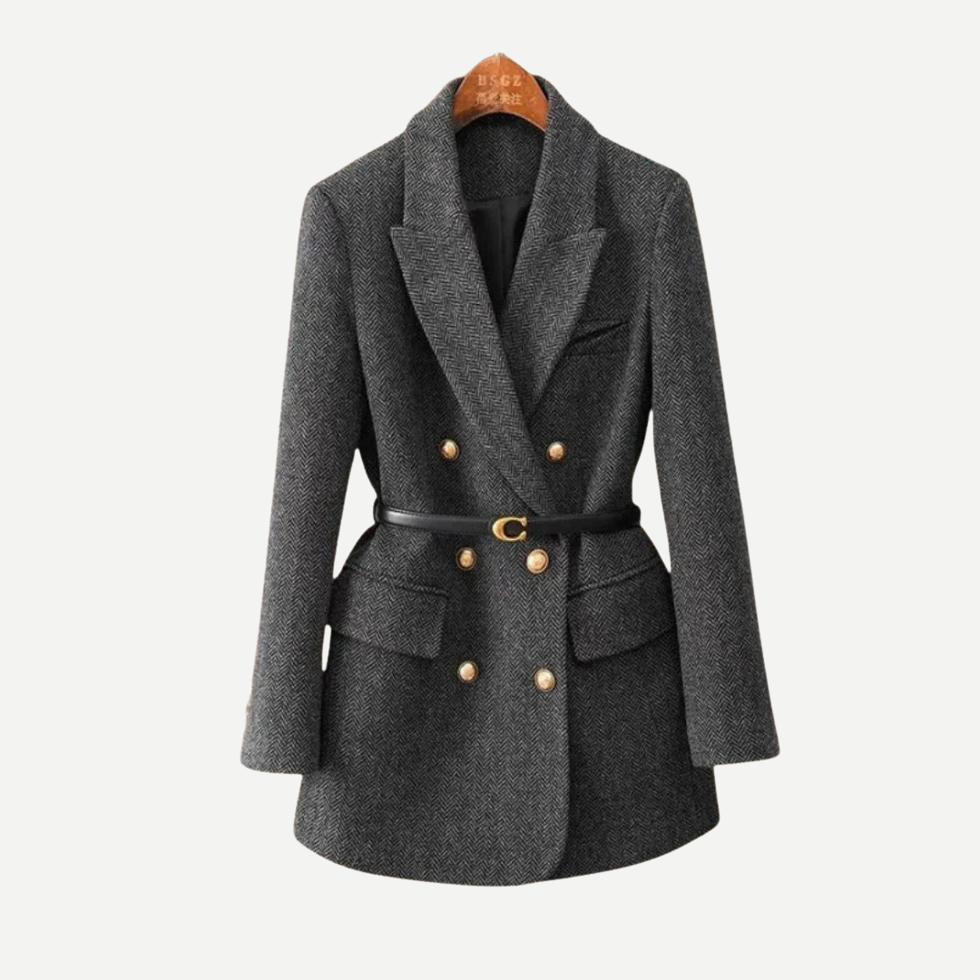 Navacava Double-Breasted Tweed Jacket in grey — structured old money tailoring