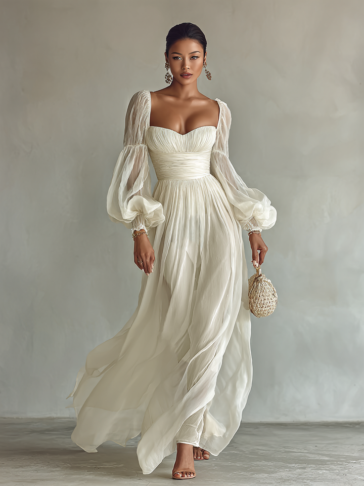 Celeste Chiffon Square-Neck Long Sleeve Waist-Cinch Maxi Dress | Women&