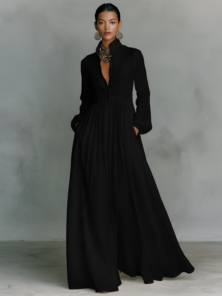 Maren Cotton-Linen Patchwork Stand-Collar Maxi Dress | Women&