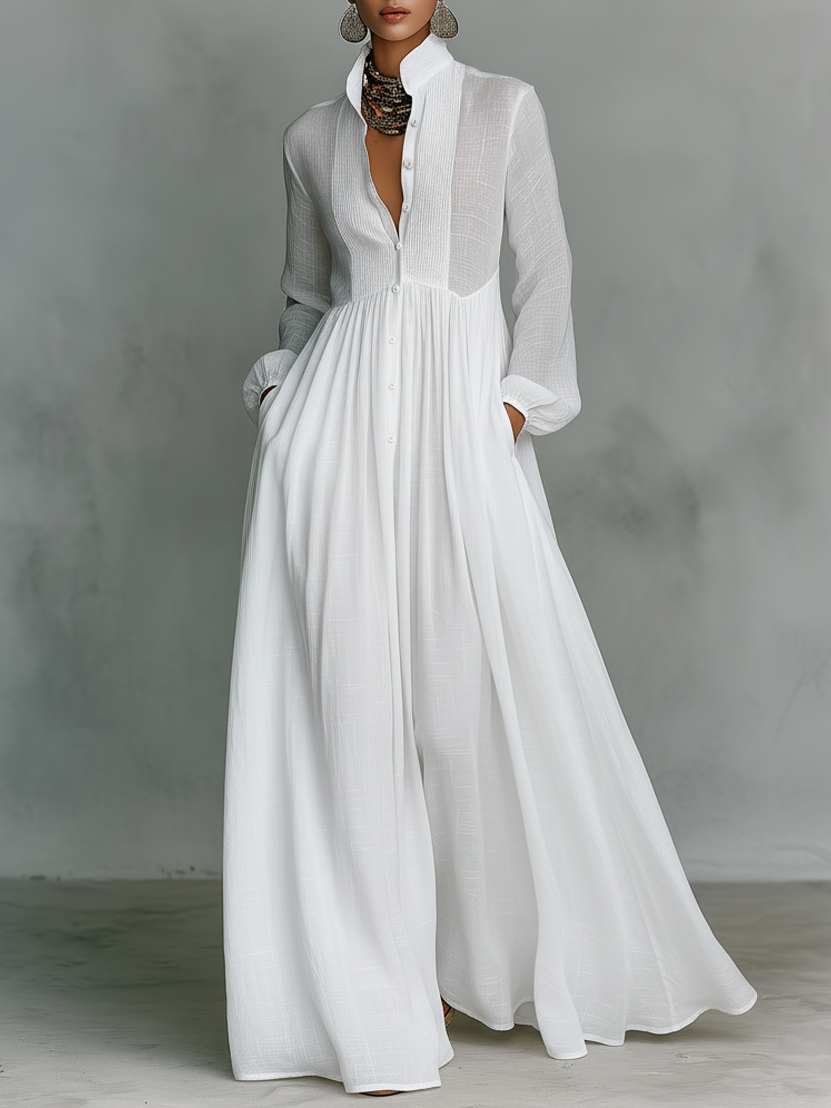Maren Cotton-Linen Patchwork Stand-Collar Maxi Dress | Women&