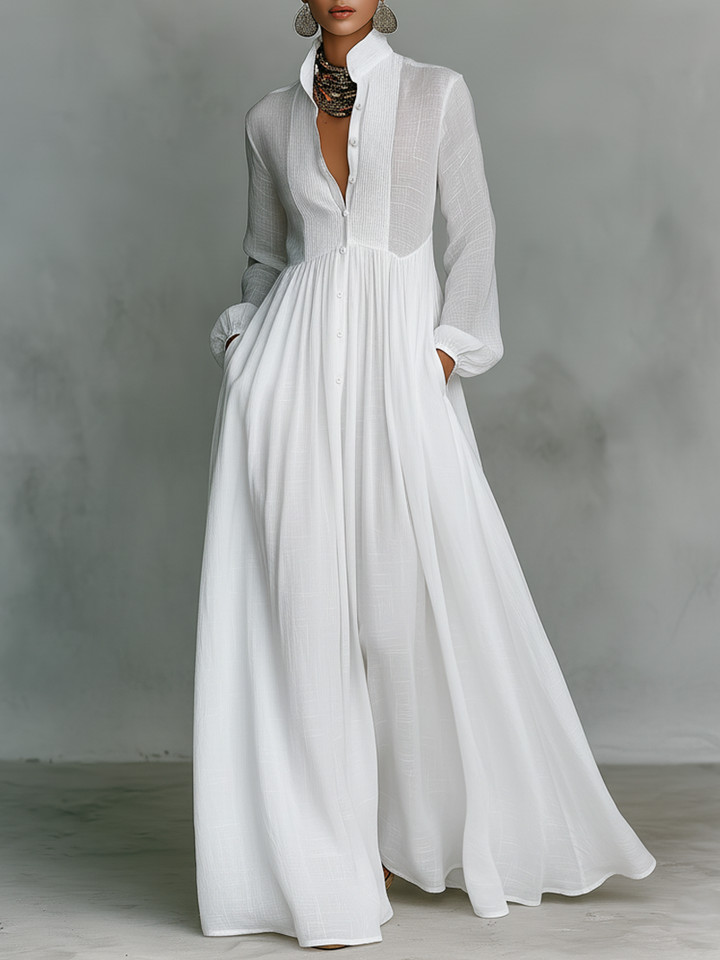 Maren Cotton-Linen Patchwork Stand-Collar Maxi Dress | Women&