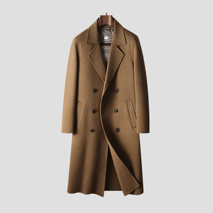 Navacava overcoat front view — structured long silhouette